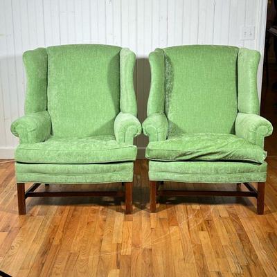 PAIR CHIPPENDALE WING CHAIRS | Chippendale style with green chenille upholstery