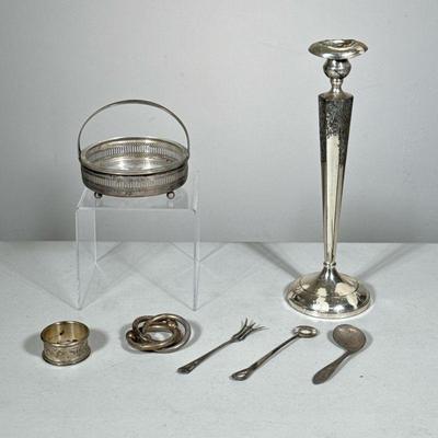 (8PC) MISC STERLING SILVER | Including a weighted sterling candlestick (h. 11.75 in.), a sterling bowl with glass insert, a napkin ring,...
