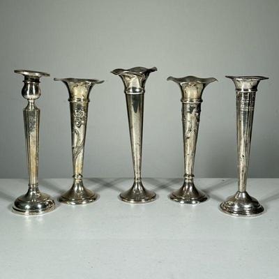 (5PC) STERLING SILVER CANDLESTICKS | Sterling silver candle stick holders, all but one weighted, including: a pair of floral patterned...