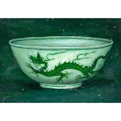 STILL LIFE PAINTING OF A CHINESE DRAGON BOWL | bowl with green dragon Oil on board still life showing a Chinese porcelain bowl with a...