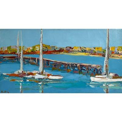 HARBOR SCENE OIL | Abstract Harbor Scene, Oil on canvas, unframed, signed indistinctly lower left