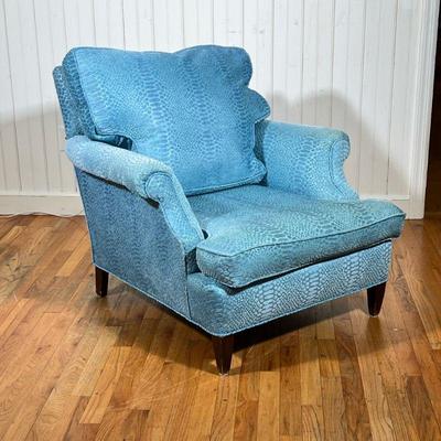 ROLLED ARM CHAIR | In a blue pattern fabric.