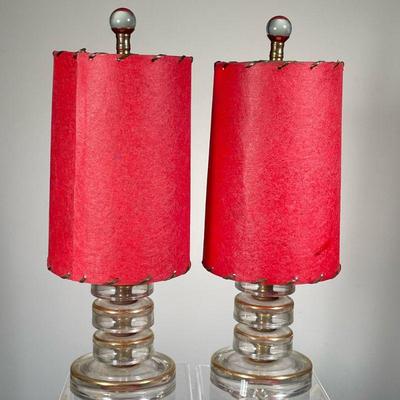(2PC) MID-CENTURY MODERN STACKED GLASS LAMPS | Vintage MCM at its best. Each lamp has a stack of clear sculpted glass orbs with gold...