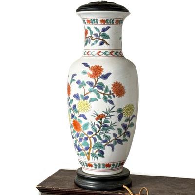 CERAMIC BALUSTER FORM LAMP | Flower decorated vase converted to lamp with wood base.