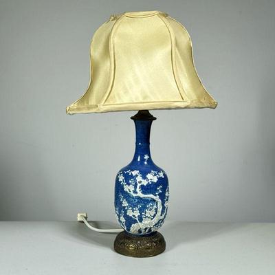 (1PC) VINTAGE CHINESE BLUE & WHITE VASE LAMP | Vintage Chinese Blue & White Porcelain Vase/Lamp decorated with a Plumb Blossom...