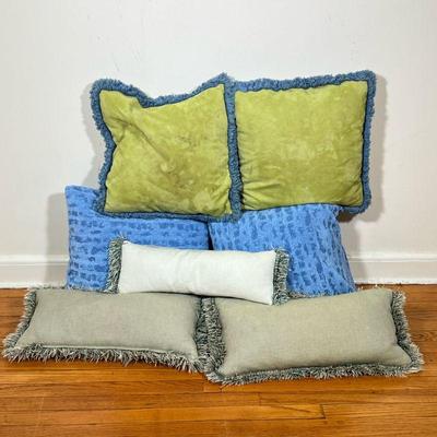 (7PC) DECORATIVE THROW PILLOWS | Pair of two blue fabric throw pillows Pair of two blue frilled green throw pillows and three faded green...