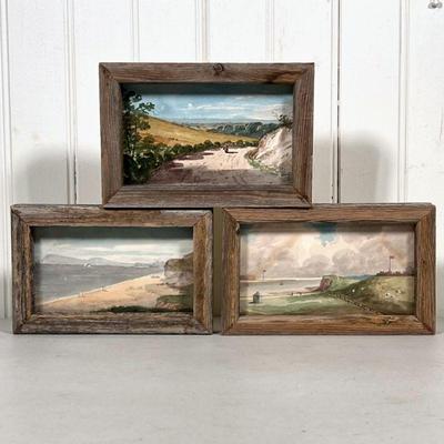 (3PC) MINIATURE WATERCOLORS | Landscape paintings, watercolor on paper, each in a rustic wood frame