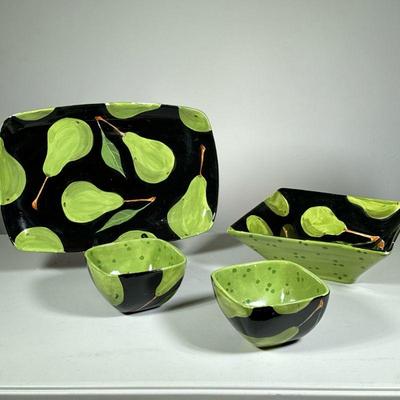 (4PC) PEAR PAINTED POTTERY | Tony & Clare, including a platter, a square fruit bowl, and two square bowls