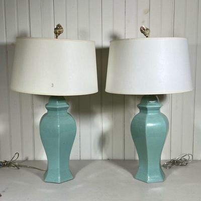 (2PC) PAIR OF URN LAMPS | Pair of Urn shaped lamps with a light blue crackle finish and seashell finials