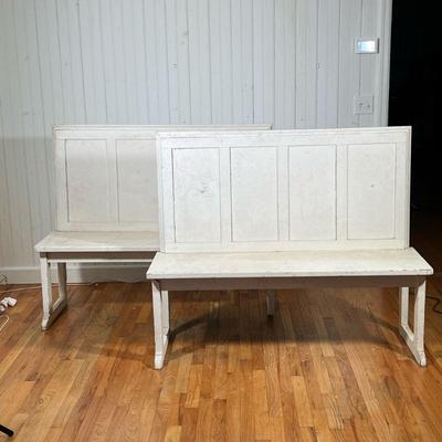 (2PC) VINTAGE WHITE PAINTED BENCHES | Each with flat seats and four panel back rests assembled with brackets, old white paint over old...