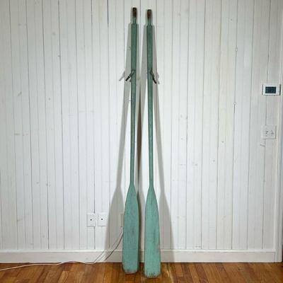 PAIR PAINTED OARS | Seafoam blue/green paint with brass oar locks and turned handles