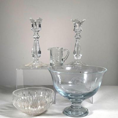 (5PC) VINTAGE GLASS LOT | Includes two candlesticks, bowl, creamer and Mount Kisco Trophy pedestal bowl.