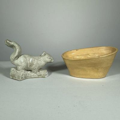 (2PC) YELLOW WARE RABBIT MOLD & SQUIRREL | 19TH C. unusual Yellow Ware rabbit form mold and small cement squirrel 