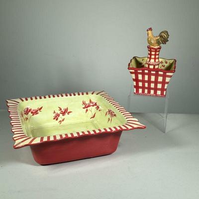 (2PC) KELLY PAULK FOR SILVESTRI BOWLS | Designed by Kelly Paulk for Silvestri, two handcrafted  striped/floral, square serving bowls,...