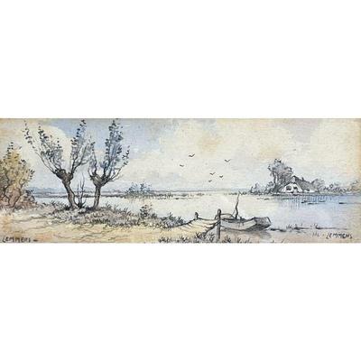 LEMMENS PAINTING | Beach scene Mixed media 2.75 x 7 in sight Signed on bottom left & bottom right