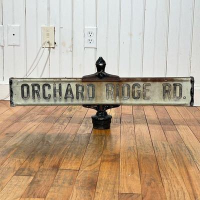 VINTAGE ENAMELED WESTCHESTER ROAD SIGN | Street sign of Orchard Ridge Rd, Chappaqua, in a metal frame