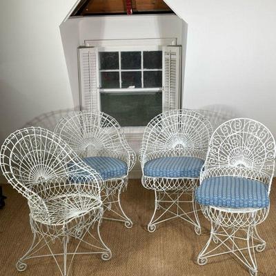 (4PC) WIRE FRAME GARDEN CHAIRS | White meta framed patio chairs, 3 in a set and one similar one