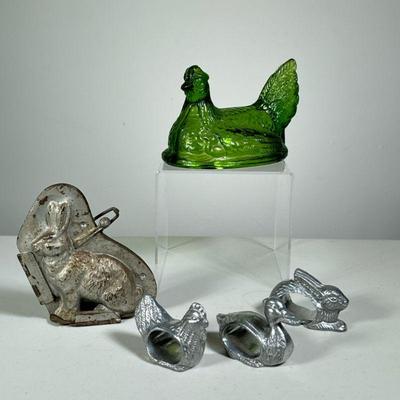 (5PC) VINTAGE EASTER RABBIT CHOCOLATE MOLD LOT | Nice old Easter Rabbit Chocolate Mold with clip intact. Also includes green pressed...