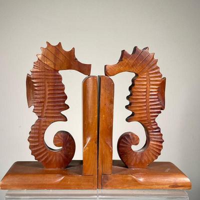 (2PC) VINTAGE SEAHORSE BOOKENDS | Wooden Seahorse Bookends, stamped Bermuda