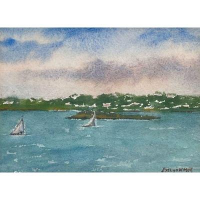 EVELYN MOTT SEASCAPE WATERCOLOR | Landscape with sailing boats, signed lower right and inscribed on verso; sight 4.75 x 6.5 in.
