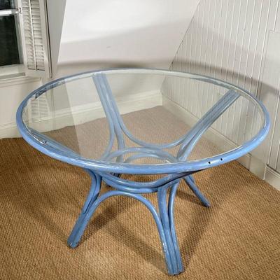 WOOD FRAMED GLASS TABLE | Blue wooden frame around glass table