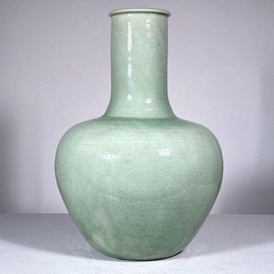LARGE CELADON VASE | Large Celadon Green vase with tall skinny neck and cracked glazing.  Indistinct mark on underside.