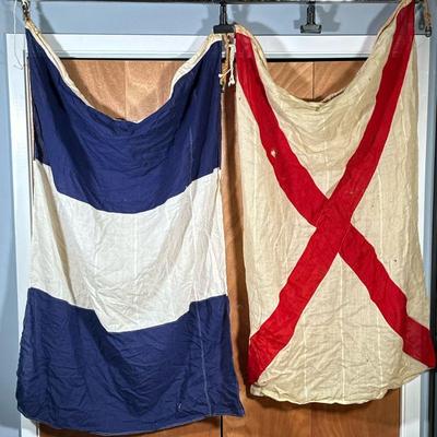 (2PC) VINTAGE NAVAL SIGNAL FLAGS NUMBER 9 & VICTOR | The Blue & White flag is Royal Navy Signal 