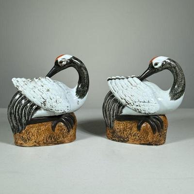 (2PC) CHINESE RED CROWNED CRANE FIGURINES | Pottery Cranes both have Chinese makers marks on underside