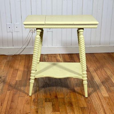 VINTAGE OAK SIDE TABLE | Turned wood legs and a shaped medial shelf, with all over light green paint