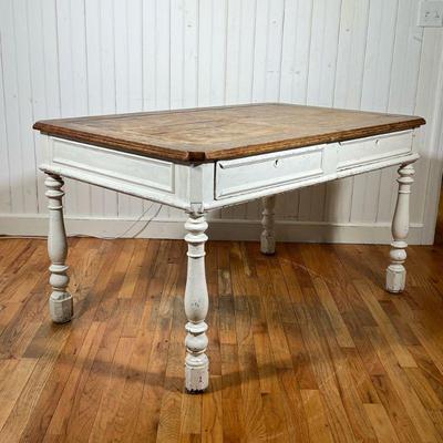 ANTIQUE RUSTIC FARM TABLE | Country Kitchen Table having a white painted base with turned legs, scrub top, two drawers