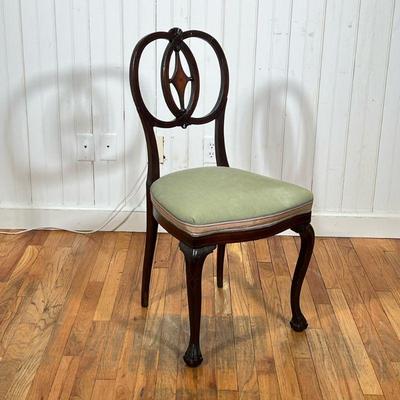 INLAID MAHOGANY SIDE CHAIR | Vintage Double Oval Back Side Chair with diamond inlay in center back. Line inlay throughout piece which is...