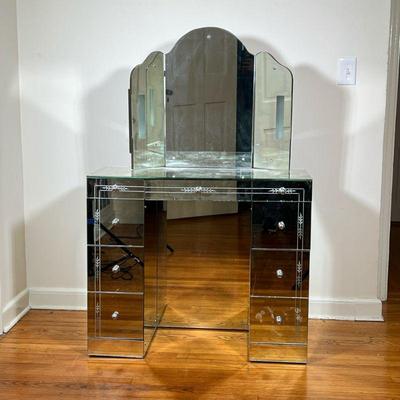 ART DECO STYLE MIRRORED VANITY | Vintage Mirrored Etched Glass Dressing table with lighted triptych mirror and bench.