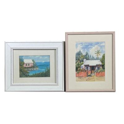 (2PC) TROPICAL WATERCOLORS | Including an original watercolor painting of a tropical bungalow signed Molly D Smith and dated 1993 lower...