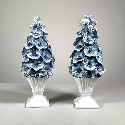 (2PC) ITALIAN FLORAL BOUQUETS | Pair of ceramic flower bouquets in white ceramic vase, marked on bottom â€œdp Made in Italyâ€