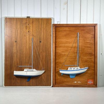 (2PC) HALF HULL SHIP MODELS | Painted half hull sailing ships mounted on boards, one signed and dated.