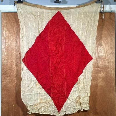 (1PC) VINTAGE MARITIME SIGNAL FLAG FOXTROT | Vintage white sailing signal flag with red diamond shape in middle representing 