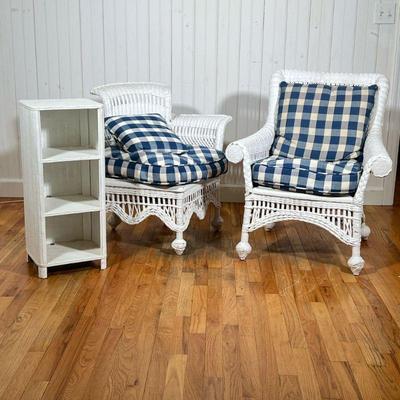 (3PC) WHITE WICKER SUITE | Including a corner chair, an armchair, and a standing shelf (h. 28.25 x 12 in.)