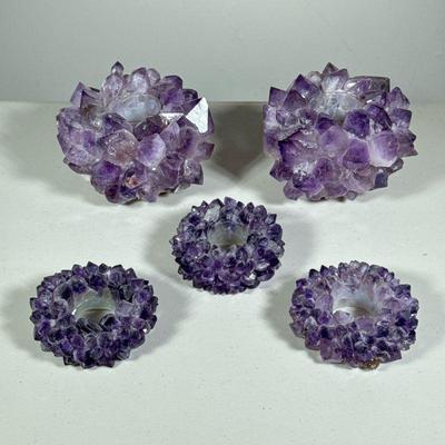(5PC) AMETHYST CRYSTALCLUSTERS | Including a pair of candle holders and three low form â€œRingsâ€ possibly votive surrounds.