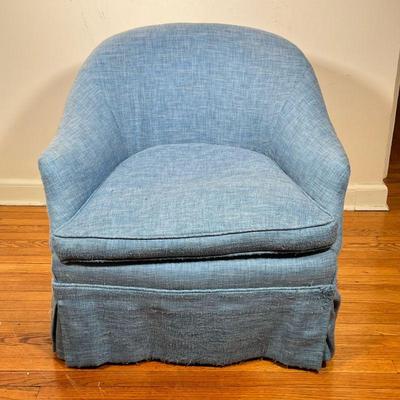 SKIRTED BARREL CHAIR | Blue upholstered chair