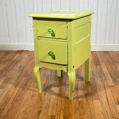 VINTAGE SIDE TABLE | Green Painted End Table with green glass pulls and a nice shabby chic appearance as-is
