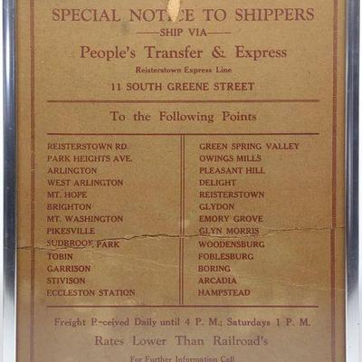 Antique Reisterstown Express Line Shipper Notice