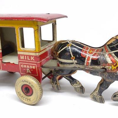 Marx Toytown Dairy Tin Wagon & Horse Wind-Up Toy