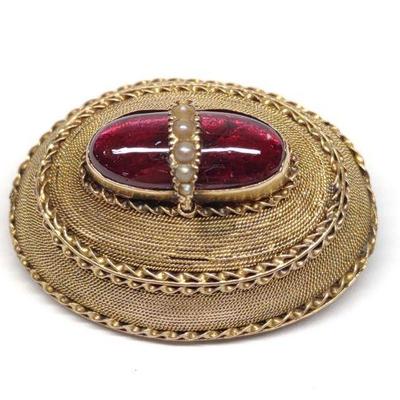 Victorian Etruscan 14K Cabochon Garnet Pendant