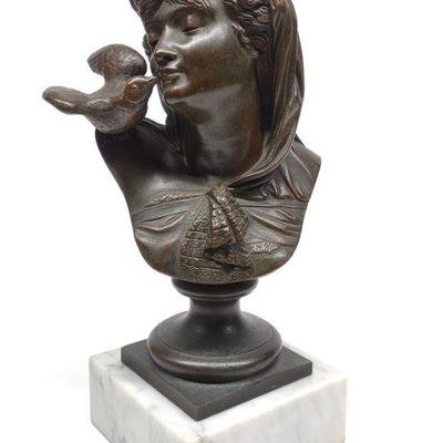 After Auguste Peiffer Bronze Bust Of Woman & Dove