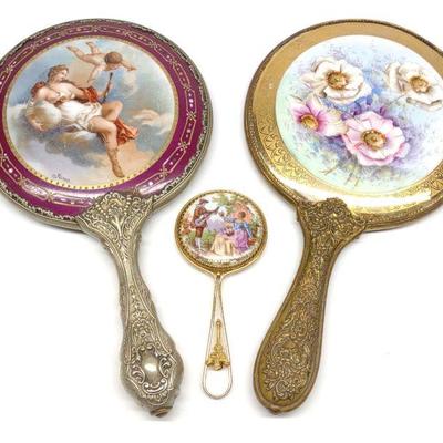 3 Antique Porcelain Painted Vanity Mirrors