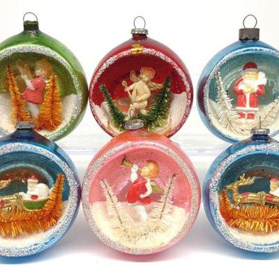 6 Vintage Japan Christmas Diorama Ornaments