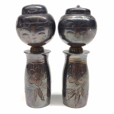 2 Sterling Silver Kokeshi Dolls S/P Shakers