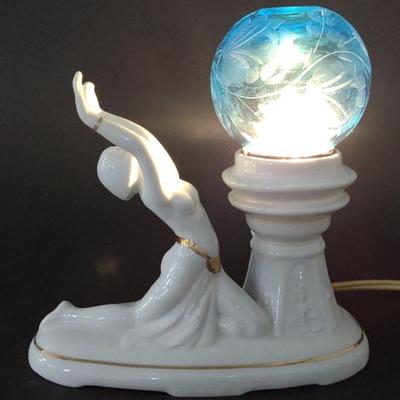 Art Deco Perfume Table Lamp w/ Blue Glass Globe