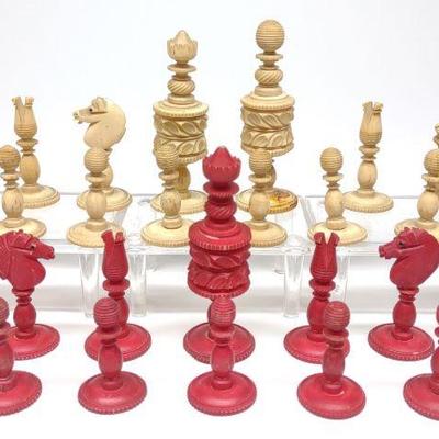 19th C. 29 Pc Carved Bone Chess Set