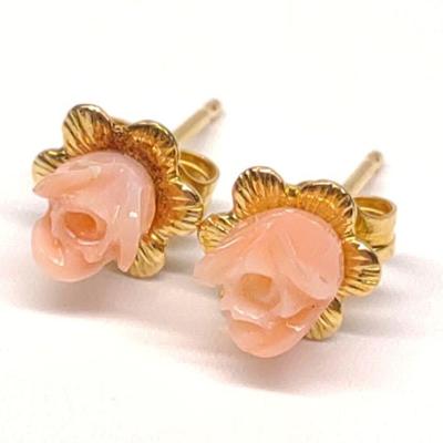 14K Gold Carved Rose Coral Earrings